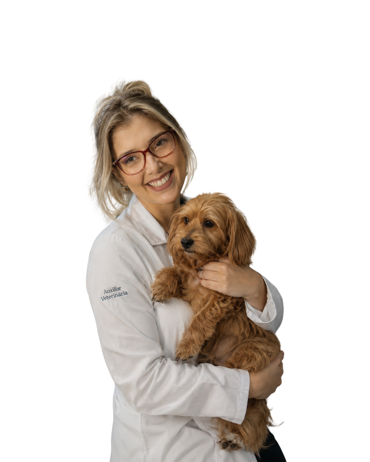 Aluna Clickvet, auxiliar veterinária, segurando um cão