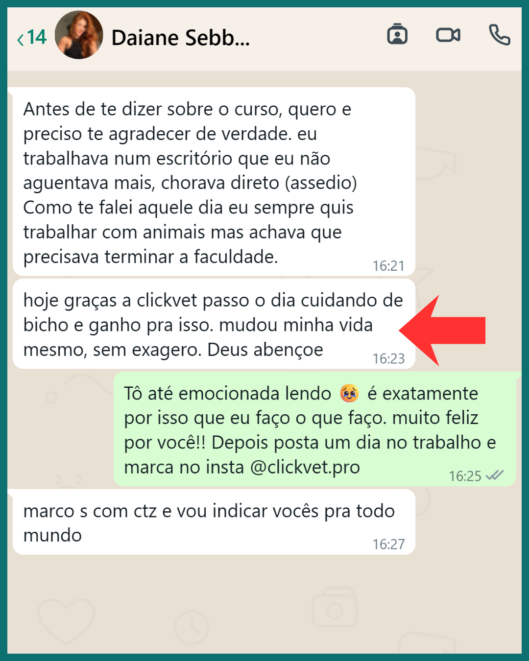 Mensagem de aluna: mudou minha vida, hoje cuido de bichos e ganho pra isso