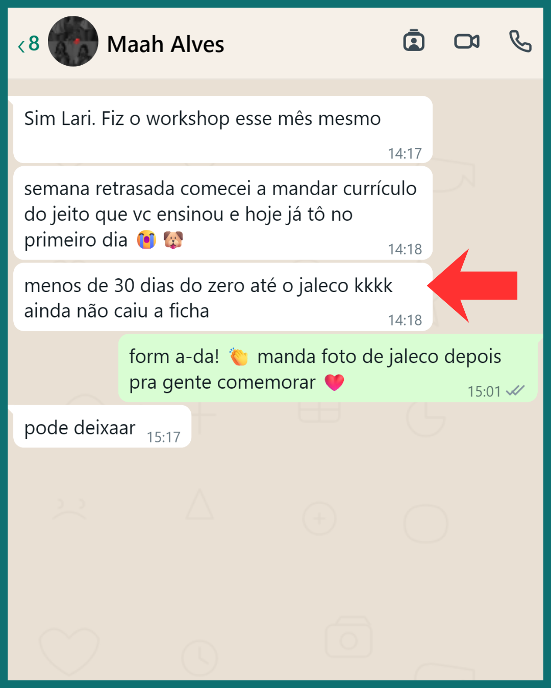 Mensagem de aluna: menos de 30 dias do zero até o jaleco